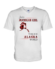 MICHIGAN GIRL LIVING IN ALASKA WORLD V-Neck T-Shirt tile