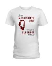 MISSISSIPPI GIRL LIVING IN ILLINOIS WORLD Ladies T-Shirt tile
