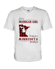 MICHIGAN GIRL LIVING IN MINNESOTA WORLD V-Neck T-Shirt thumbnail