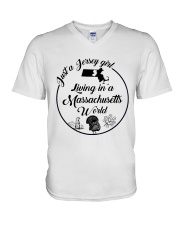 JUST A JERSEY GIRL LIVING IN A MASSACHUSETTS WORLD V-Neck T-Shirt thumbnail