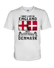 LIVE IN ENGLAND BEGAN IN DENMARK V-Neck T-Shirt tile