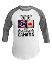 LIVE IN OHIO BUT MY STORY BEGAN IN CANADA Baseball Tee tile