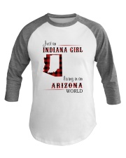 INDIANA GIRL LIVING IN ARIZONA WORLD Baseball Tee thumbnail