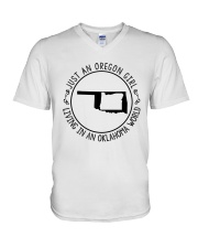 OREGON GIRL LIVING IN OKLAHOMA WORLD V-Neck T-Shirt tile
