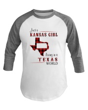 KANSAS GIRL LIVING IN TEXAS WORLD Baseball Tee tile