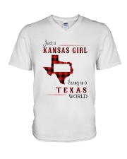 KANSAS GIRL LIVING IN TEXAS WORLD V-Neck T-Shirt tile