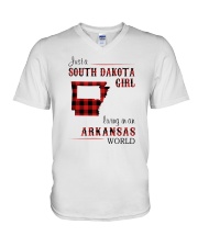 SOUTH DAKOTA GIRL LIVING IN ARKANSAS WORLD V-Neck T-Shirt tile