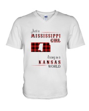 MISSISSIPPI GIRL LIVING IN KANSAS WORLD V-Neck T-Shirt thumbnail