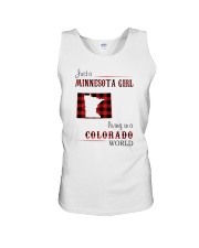 MINNESOTA GIRL LIVING IN COLORADO WORLD Unisex Tank tile