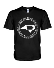 IOWA GIRL LIVING IN NORTH CAROLINA WORLD V-Neck T-Shirt thumbnail