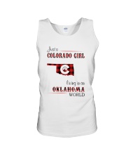 COLORADO GIRL LIVING IN OKLAHOMA WORLD Unisex Tank tile