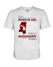MICHIGAN GIRL LIVING IN MISSISSIPPI WORLD V-Neck T-Shirt thumbnail