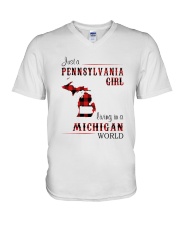 PENNSYLVANIA GIRL LIVING IN MICHIGAN WORLD V-Neck T-Shirt tile
