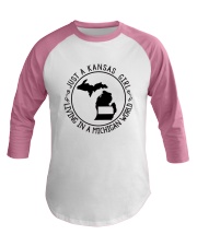KANSAS GIRL LIVING IN MICHIGAN WORLD Baseball Tee tile