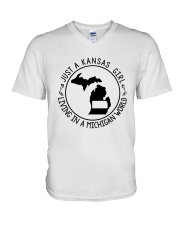 KANSAS GIRL LIVING IN MICHIGAN WORLD V-Neck T-Shirt tile