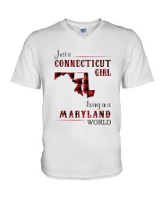 CONNECTICUT GIRL LIVING IN MARYLAND WORLD V-Neck T-Shirt tile