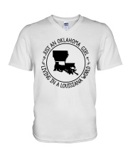 OKLAHOMA GIRL LIVING IN A LOUISIANA WORLD V-Neck T-Shirt tile
