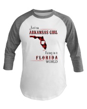 ARKANSAS GIRL LIVING IN FLORIDA WORLD Baseball Tee tile