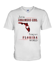 ARKANSAS GIRL LIVING IN FLORIDA WORLD V-Neck T-Shirt tile