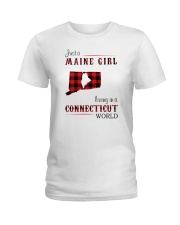 MAINE GIRL LIVING IN CONNECTICUT WORLD Ladies T-Shirt tile