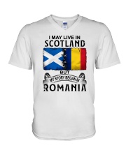 LIVE IN SCOTLAND BEGAN IN ROMANIA V-Neck T-Shirt tile