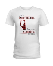MANITOBA GIRL LIVING IN ALBERTA WORLD Ladies T-Shirt tile