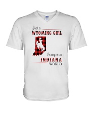 WYOMING GIRL LIVING IN INDIANA WORLD V-Neck T-Shirt thumbnail