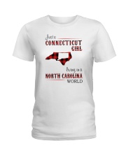 CONNECTICUT GIRL LIVING IN NORTH CAROLINA WORLD Ladies T-Shirt tile