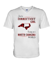 CONNECTICUT GIRL LIVING IN NORTH CAROLINA WORLD V-Neck T-Shirt tile
