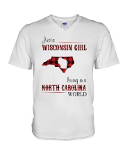 WISCONSIN GIRL LIVING IN NC WORLD V-Neck T-Shirt thumbnail