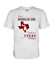 MICHIGAN GIRL LIVING IN TEXAS WORLD V-Neck T-Shirt tile