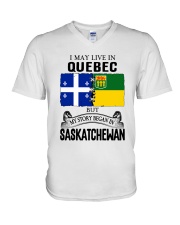 LIVE IN QUEBEC BEGAN IN SASKATCHEWAN ROOT WOMEN V-Neck T-Shirt thumbnail