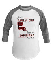 KANSAS GIRL LIVING IN LOUISIANA WORLD Baseball Tee tile