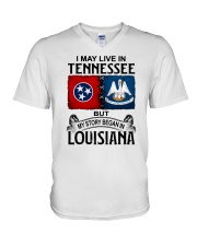 LIVE IN TENNESSEE BEGAN IN LOUISIANA V-Neck T-Shirt tile