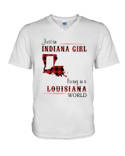 INDIANA GIRL LIVING IN LOUISIANA WORLD V-Neck T-Shirt thumbnail