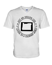 OREGON GIRL LIVING IN COLORADO WORLD V-Neck T-Shirt thumbnail