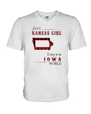 KANSAS GIRL LIVING IN IOWA WORLD V-Neck T-Shirt thumbnail