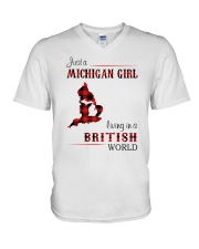 MICHIGAN GIRL LIVING IN BRITISH WORLD V-Neck T-Shirt tile