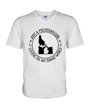MICHIGAN GIRL LIVING IN IDAHO WORLD V-Neck T-Shirt thumbnail