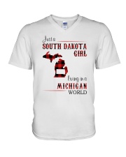 SOUTH DAKOTA GIRL LIVING IN MICHIGAN WORLD V-Neck T-Shirt thumbnail