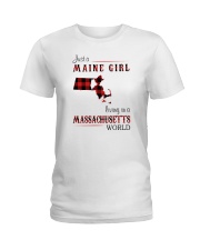 MAINE GIRL LIVING IN MASSACHUSETTS WORLD Ladies T-Shirt tile