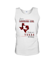LOUISIANA GIRL LIVING IN TEXAS WORLD Unisex Tank tile