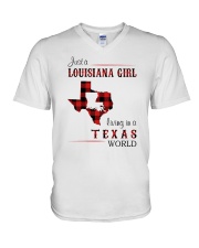 LOUISIANA GIRL LIVING IN TEXAS WORLD V-Neck T-Shirt tile