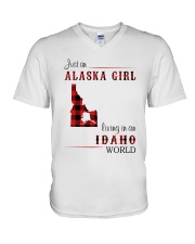 ALASKA GIRL LIVING IN IDAHO WORLD V-Neck T-Shirt tile