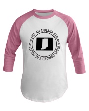 INDIANA GIRL LIVING IN COLORADO WORLD Baseball Tee thumbnail