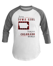 IOWA GIRL LIVING IN COLORADO WORLD Baseball Tee thumbnail