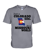 JUST A COLORADO GIRL IN A MISSOURI WORLD V-Neck T-Shirt thumbnail