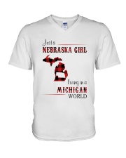 NEBRASKA GIRL LIVING IN MICHIGAN WORLD V-Neck T-Shirt thumbnail