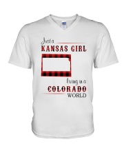KANSAS GIRL LIVING IN COLORADO WORLD V-Neck T-Shirt tile
