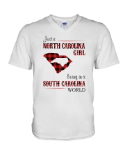 NORTH CAROLINA GIRL LIVING IN SC WORLD V-Neck T-Shirt tile